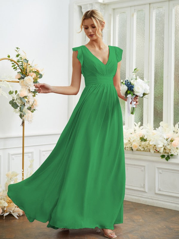 A-Line/Princess Chiffon Ruched V-neck Sleeveless Floor-Length Bridesmaid Dresses Evening Prom Dress