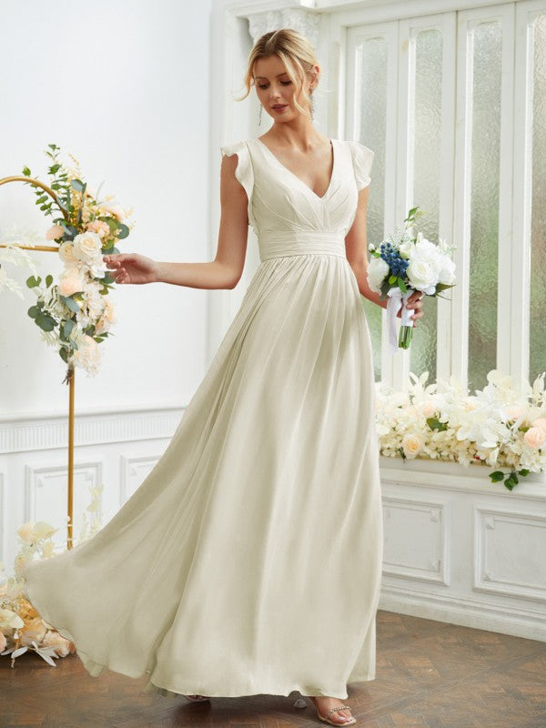 A-Line/Princess Chiffon Ruched V-neck Sleeveless Floor-Length Bridesmaid Dresses Evening Prom Dress