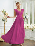 A-Line/Princess Chiffon Ruched V-neck Sleeveless Floor-Length Bridesmaid Dresses Evening Prom Dress