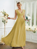 A-Line/Princess Chiffon Ruched V-neck Sleeveless Floor-Length Bridesmaid Dresses Evening Prom Dress