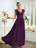 A-Line/Princess Chiffon Ruched V-neck Sleeveless Floor-Length Bridesmaid Dresses Evening Prom Dress