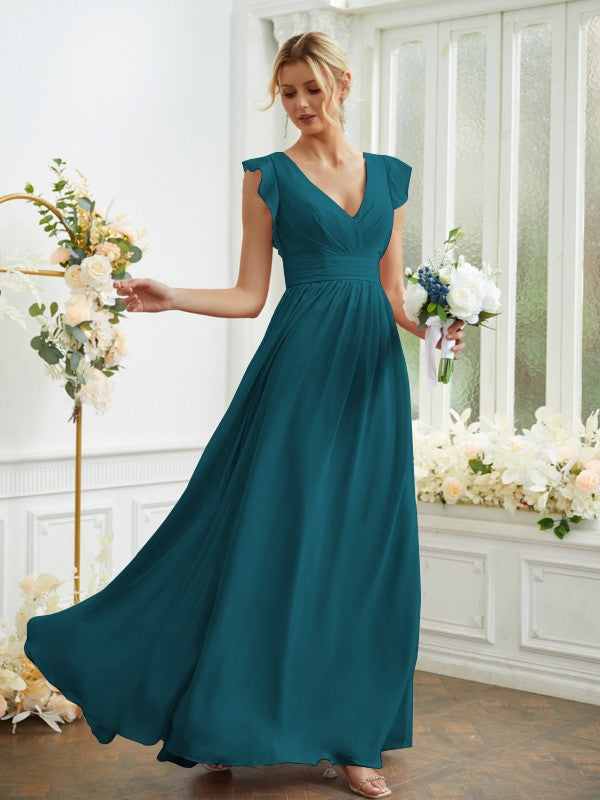 A-Line/Princess Chiffon Ruched V-neck Sleeveless Floor-Length Bridesmaid Dresses Evening Prom Dress