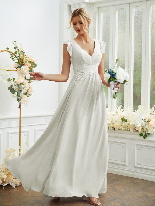 A-Line/Princess Chiffon Ruched V-neck Sleeveless Floor-Length Bridesmaid Dresses Evening Prom Dress