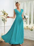 A-Line/Princess Chiffon Ruched V-neck Sleeveless Floor-Length Bridesmaid Dresses Evening Prom Dress