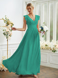 A-Line/Princess Chiffon Ruched V-neck Sleeveless Floor-Length Bridesmaid Dresses Evening Prom Dress