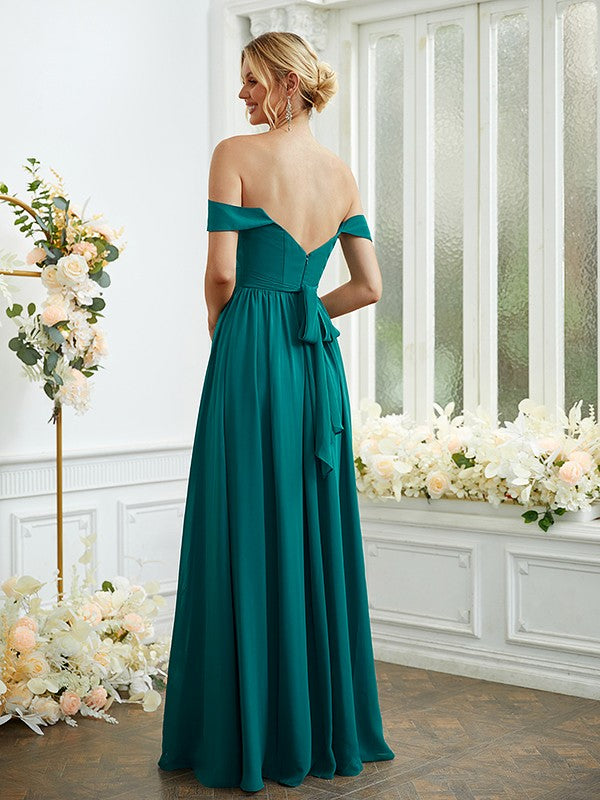 A-Line/Princess Chiffon Ruffles Off-the-Shoulder Sleeveless Floor-Length Bridesmaid Dresses Formal Evening Gowns
