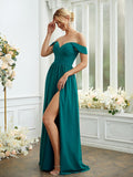 A-Line/Princess Chiffon Ruffles Off-the-Shoulder Sleeveless Floor-Length Bridesmaid Dresses Formal Evening Gowns