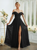 A-Line/Princess Chiffon Ruffles Off-the-Shoulder Sleeveless Floor-Length Bridesmaid Dresses Formal Evening Gowns