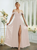A-Line/Princess Chiffon Ruffles Off-the-Shoulder Sleeveless Floor-Length Bridesmaid Dresses Formal Evening Gowns