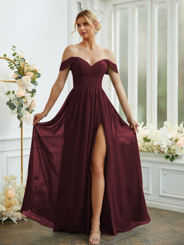 A-Line/Princess Chiffon Ruffles Off-the-Shoulder Sleeveless Floor-Length Bridesmaid Dresses Formal Evening Gowns