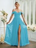 A-Line/Princess Chiffon Ruffles Off-the-Shoulder Sleeveless Floor-Length Bridesmaid Dresses Formal Evening Gowns