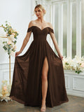 A-Line/Princess Chiffon Ruffles Off-the-Shoulder Sleeveless Floor-Length Bridesmaid Dresses Formal Evening Gowns
