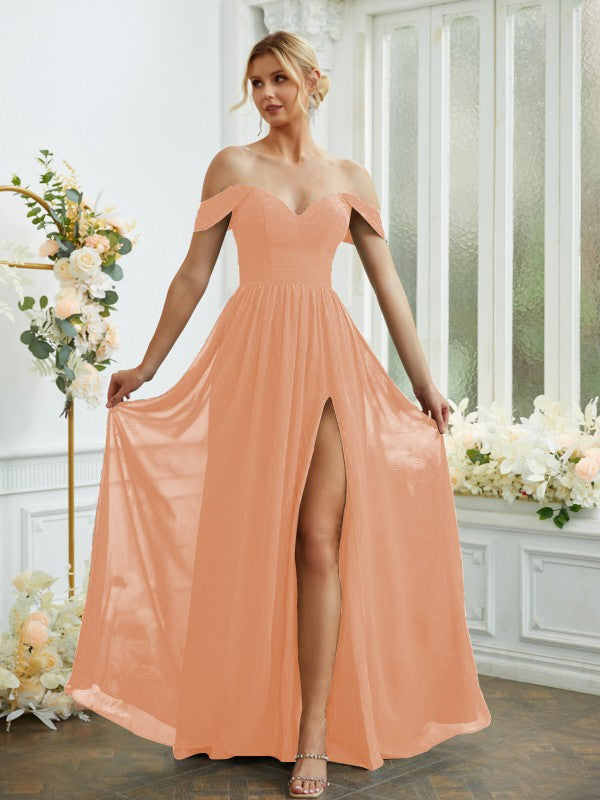 A-Line/Princess Chiffon Ruffles Off-the-Shoulder Sleeveless Floor-Length Bridesmaid Dresses Formal Evening Gowns