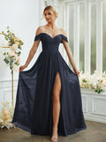 A-Line/Princess Chiffon Ruffles Off-the-Shoulder Sleeveless Floor-Length Bridesmaid Dresses Formal Evening Gowns