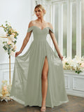 A-Line/Princess Chiffon Ruffles Off-the-Shoulder Sleeveless Floor-Length Bridesmaid Dresses Formal Evening Gowns