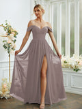 A-Line/Princess Chiffon Ruffles Off-the-Shoulder Sleeveless Floor-Length Bridesmaid Dresses Formal Evening Gowns