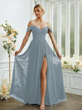 A-Line/Princess Chiffon Ruffles Off-the-Shoulder Sleeveless Floor-Length Bridesmaid Dresses Formal Evening Gowns