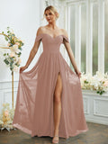 A-Line/Princess Chiffon Ruffles Off-the-Shoulder Sleeveless Floor-Length Bridesmaid Dresses Formal Evening Gowns