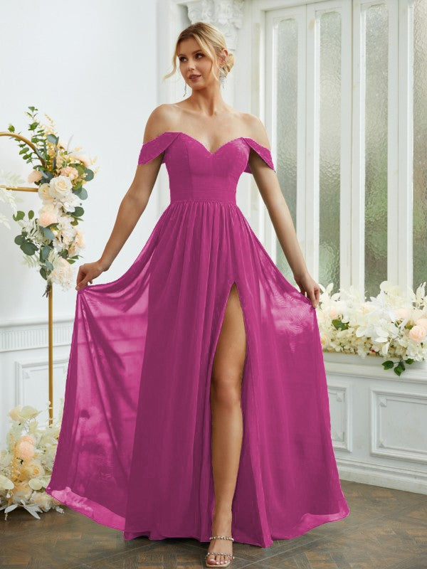 A-Line/Princess Chiffon Ruffles Off-the-Shoulder Sleeveless Floor-Length Bridesmaid Dresses Formal Evening Gowns