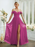 A-Line/Princess Chiffon Ruffles Off-the-Shoulder Sleeveless Floor-Length Bridesmaid Dresses Formal Evening Gowns
