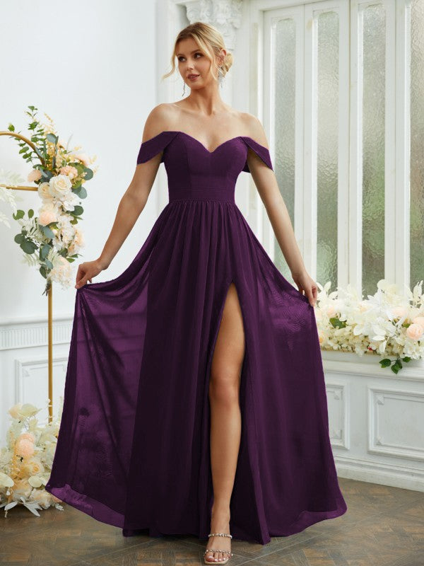 A-Line/Princess Chiffon Ruffles Off-the-Shoulder Sleeveless Floor-Length Bridesmaid Dresses Formal Evening Gowns