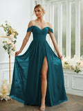 A-Line/Princess Chiffon Ruffles Off-the-Shoulder Sleeveless Floor-Length Bridesmaid Dresses Formal Evening Gowns