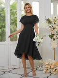 A-Line/Princess Chiffon Ruched Scoop Short Sleeves Asymmetrical Bridesmaid Dresses
