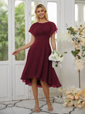 A-Line/Princess Chiffon Ruched Scoop Short Sleeves Asymmetrical Bridesmaid Dresses