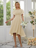 A-Line/Princess Chiffon Ruched Scoop Short Sleeves Asymmetrical Bridesmaid Dresses