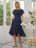 A-Line/Princess Chiffon Ruched Scoop Short Sleeves Asymmetrical Bridesmaid Dresses