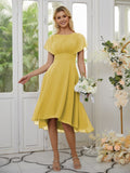 A-Line/Princess Chiffon Ruched Scoop Short Sleeves Asymmetrical Bridesmaid Dresses