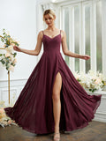 A-Line/Princess Chiffon Ruched V-neck Sleeveless Floor-Length Bridesmaid Dresses Formal Evening Dress
