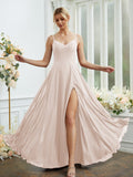 A-Line/Princess Chiffon Ruched V-neck Sleeveless Floor-Length Bridesmaid Dresses Formal Evening Dress