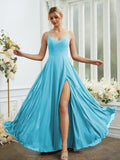 A-Line/Princess Chiffon Ruched V-neck Sleeveless Floor-Length Bridesmaid Dresses Formal Evening Dress