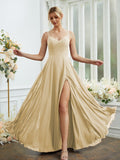 A-Line/Princess Chiffon Ruched V-neck Sleeveless Floor-Length Bridesmaid Dresses Formal Evening Dress