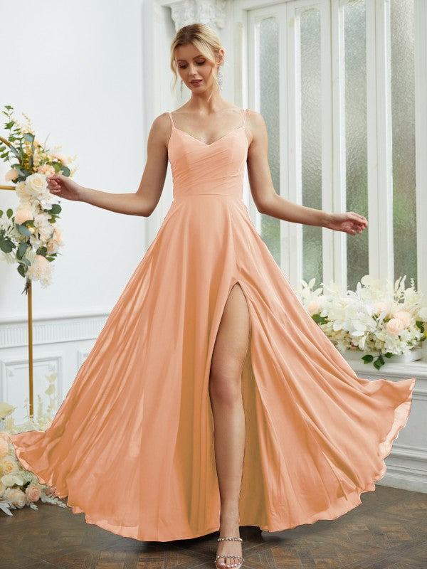 A-Line/Princess Chiffon Ruched V-neck Sleeveless Floor-Length Bridesmaid Dresses Formal Evening Dress