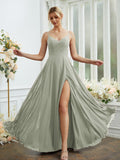 A-Line/Princess Chiffon Ruched V-neck Sleeveless Floor-Length Bridesmaid Dresses Formal Evening Dress