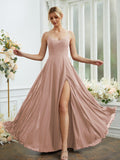 A-Line/Princess Chiffon Ruched V-neck Sleeveless Floor-Length Bridesmaid Dresses Formal Evening Dress