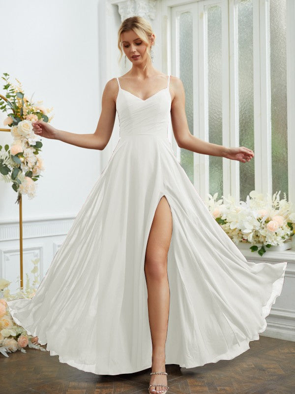 A-Line/Princess Chiffon Ruched V-neck Sleeveless Floor-Length Bridesmaid Dresses Formal Evening Dress