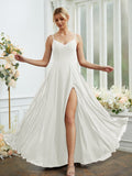 A-Line/Princess Chiffon Ruched V-neck Sleeveless Floor-Length Bridesmaid Dresses Formal Evening Dress