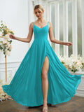A-Line/Princess Chiffon Ruched V-neck Sleeveless Floor-Length Bridesmaid Dresses Formal Evening Dress