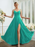 A-Line/Princess Chiffon Ruched V-neck Sleeveless Floor-Length Bridesmaid Dresses Formal Evening Dress