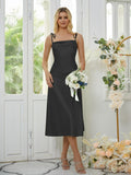 Sheath/Column Silk like Satin Spaghetti Straps Sleeveless Tea-Length Bridesmaid Dresses