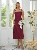 Sheath/Column Silk like Satin Spaghetti Straps Sleeveless Tea-Length Bridesmaid Dresses