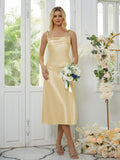 Sheath/Column Silk like Satin Spaghetti Straps Sleeveless Tea-Length Bridesmaid Dresses