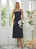 Sheath/Column Silk like Satin Spaghetti Straps Sleeveless Tea-Length Bridesmaid Dresses