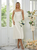 Sheath/Column Silk like Satin Spaghetti Straps Sleeveless Tea-Length Bridesmaid Dresses