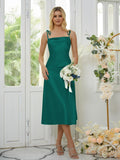 Sheath/Column Silk like Satin Spaghetti Straps Sleeveless Tea-Length Bridesmaid Dresses
