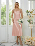 Sheath/Column Silk like Satin Spaghetti Straps Sleeveless Tea-Length Bridesmaid Dresses