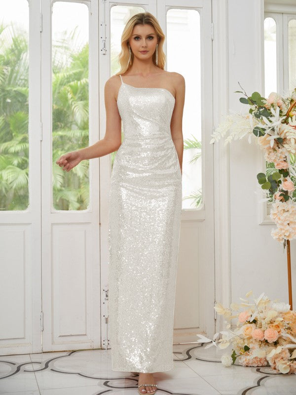 Vestidos de dama de honor con corte tubo, lentejuelas, fruncido, un hombro, sin mangas, largo hasta el suelo
